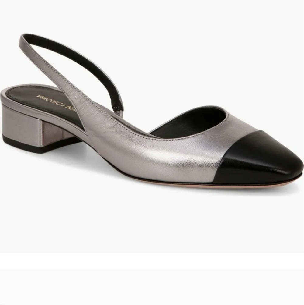 New Veronica Beard Cecile Metallic Silver/Black Leather Slingback Pump 7.5 NWOT